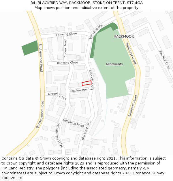 34, BLACKBIRD WAY, PACKMOOR, STOKE-ON-TRENT, ST7 4GA: Location map and indicative extent of plot