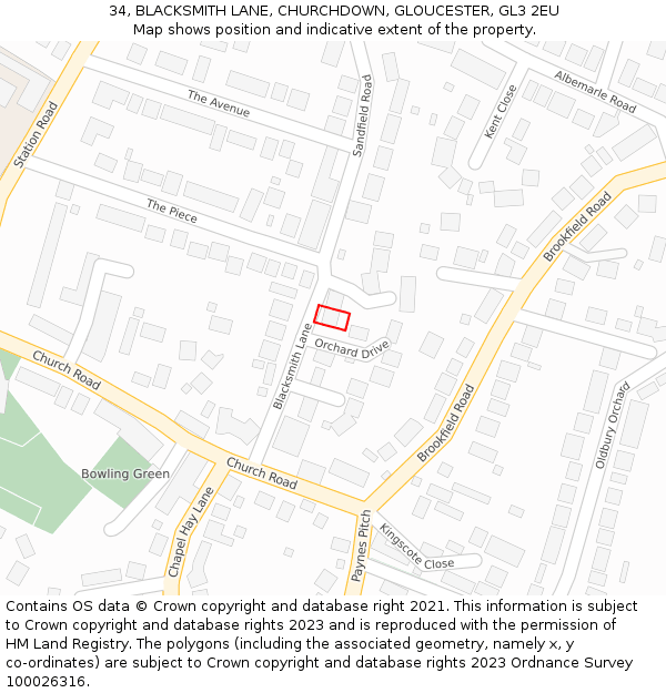 34, BLACKSMITH LANE, CHURCHDOWN, GLOUCESTER, GL3 2EU: Location map and indicative extent of plot