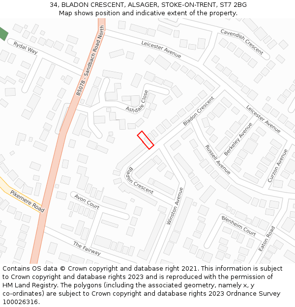 34, BLADON CRESCENT, ALSAGER, STOKE-ON-TRENT, ST7 2BG: Location map and indicative extent of plot