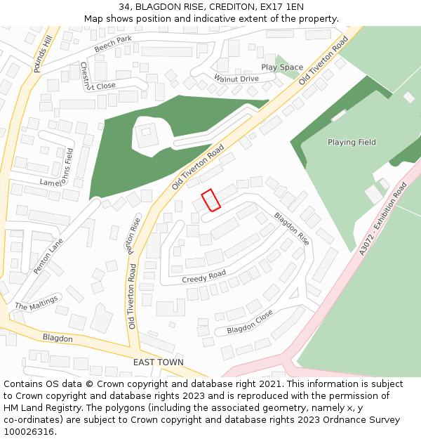 34, BLAGDON RISE, CREDITON, EX17 1EN: Location map and indicative extent of plot