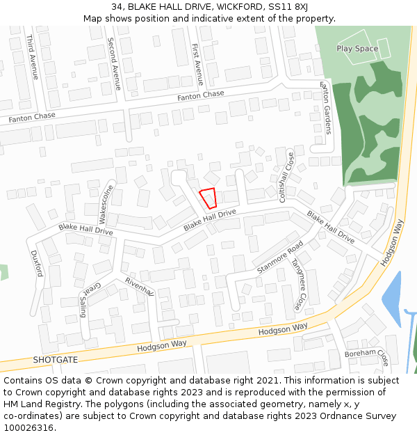 34, BLAKE HALL DRIVE, WICKFORD, SS11 8XJ: Location map and indicative extent of plot