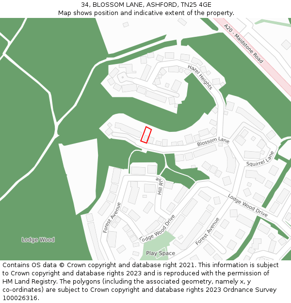 34, BLOSSOM LANE, ASHFORD, TN25 4GE: Location map and indicative extent of plot