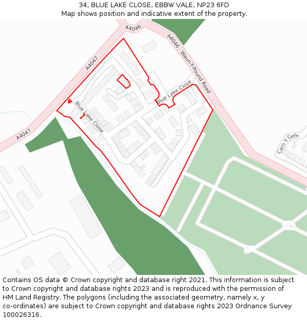 34, BLUE LAKE CLOSE, EBBW VALE, NP23 6FD: Location map and indicative extent of plot