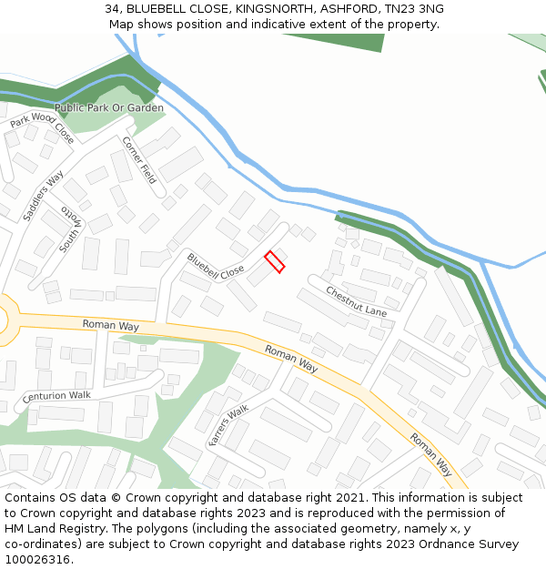 34, BLUEBELL CLOSE, KINGSNORTH, ASHFORD, TN23 3NG: Location map and indicative extent of plot