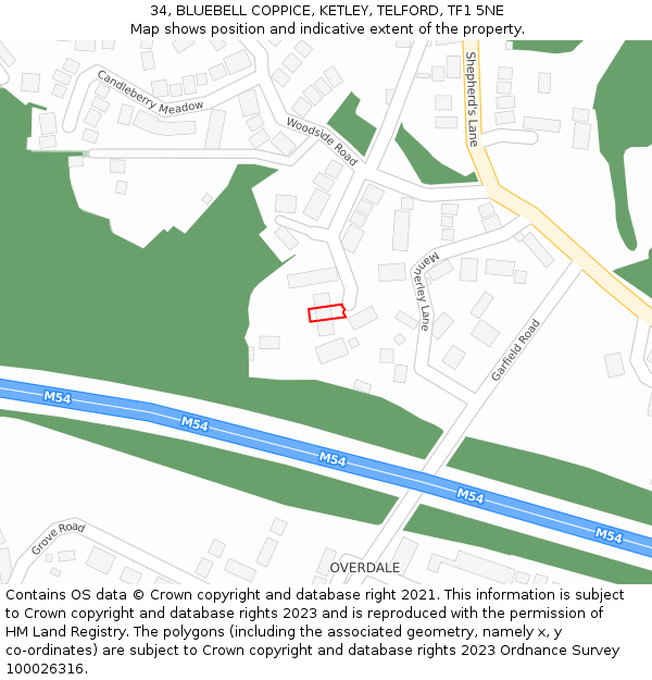 34, BLUEBELL COPPICE, KETLEY, TELFORD, TF1 5NE: Location map and indicative extent of plot