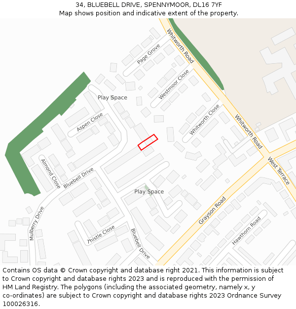 34, BLUEBELL DRIVE, SPENNYMOOR, DL16 7YF: Location map and indicative extent of plot