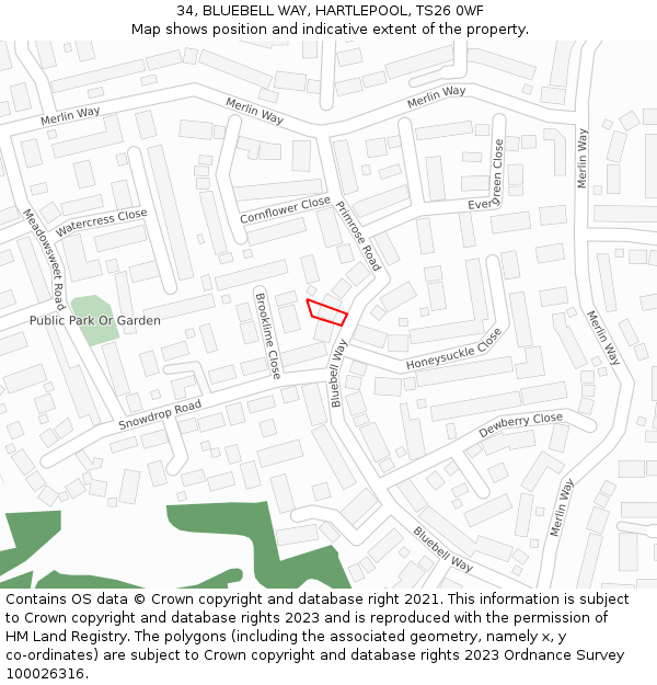 34, BLUEBELL WAY, HARTLEPOOL, TS26 0WF: Location map and indicative extent of plot