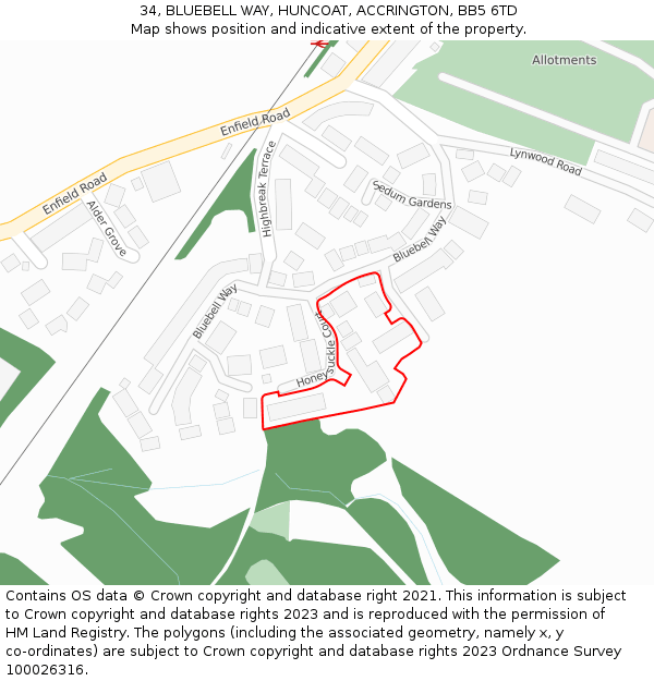 34, BLUEBELL WAY, HUNCOAT, ACCRINGTON, BB5 6TD: Location map and indicative extent of plot