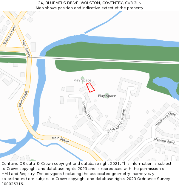 34, BLUEMELS DRIVE, WOLSTON, COVENTRY, CV8 3LN: Location map and indicative extent of plot