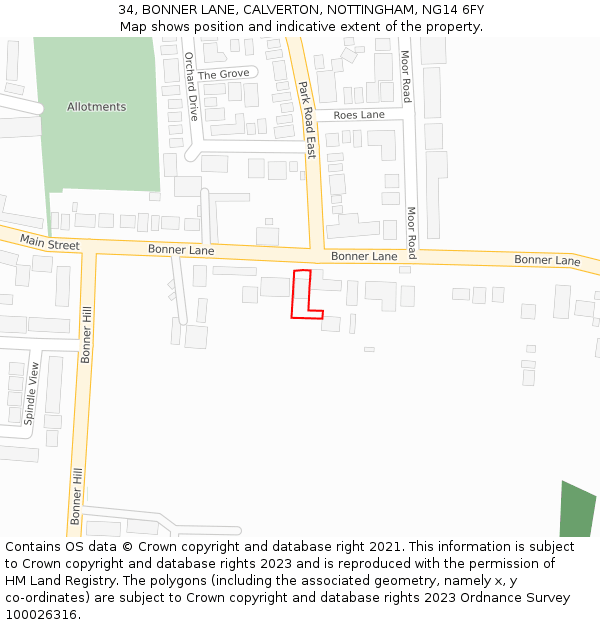 34, BONNER LANE, CALVERTON, NOTTINGHAM, NG14 6FY: Location map and indicative extent of plot