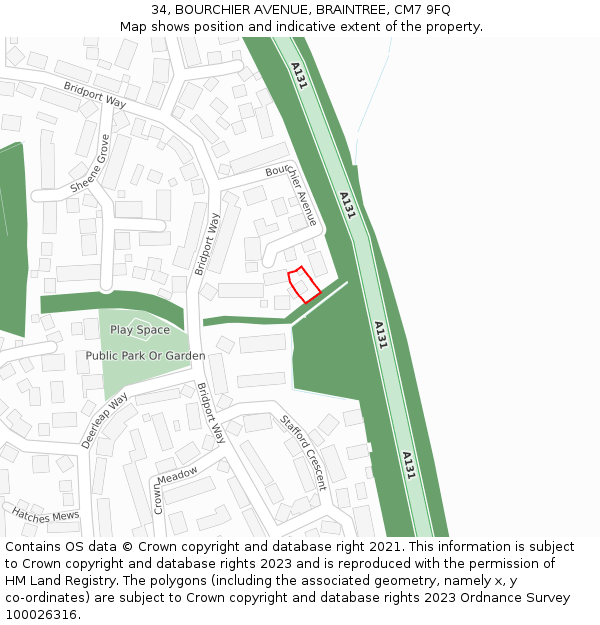 34, BOURCHIER AVENUE, BRAINTREE, CM7 9FQ: Location map and indicative extent of plot