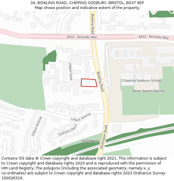 34, BOWLING ROAD, CHIPPING SODBURY, BRISTOL, BS37 6EP: Location map and indicative extent of plot