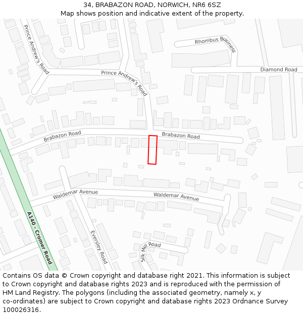 34, BRABAZON ROAD, NORWICH, NR6 6SZ: Location map and indicative extent of plot