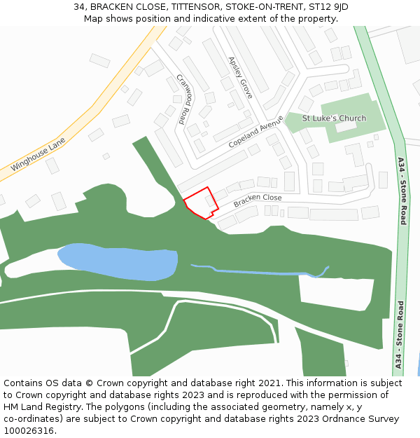 34, BRACKEN CLOSE, TITTENSOR, STOKE-ON-TRENT, ST12 9JD: Location map and indicative extent of plot