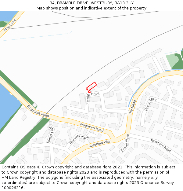 34, BRAMBLE DRIVE, WESTBURY, BA13 3UY: Location map and indicative extent of plot