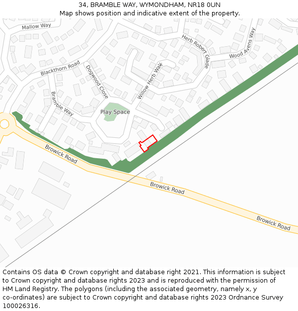 34, BRAMBLE WAY, WYMONDHAM, NR18 0UN: Location map and indicative extent of plot