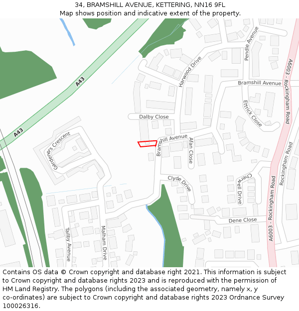 34, BRAMSHILL AVENUE, KETTERING, NN16 9FL: Location map and indicative extent of plot