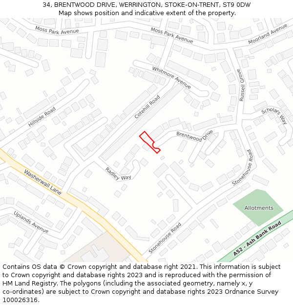 34, BRENTWOOD DRIVE, WERRINGTON, STOKE-ON-TRENT, ST9 0DW: Location map and indicative extent of plot