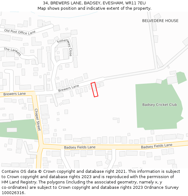 34, BREWERS LANE, BADSEY, EVESHAM, WR11 7EU: Location map and indicative extent of plot