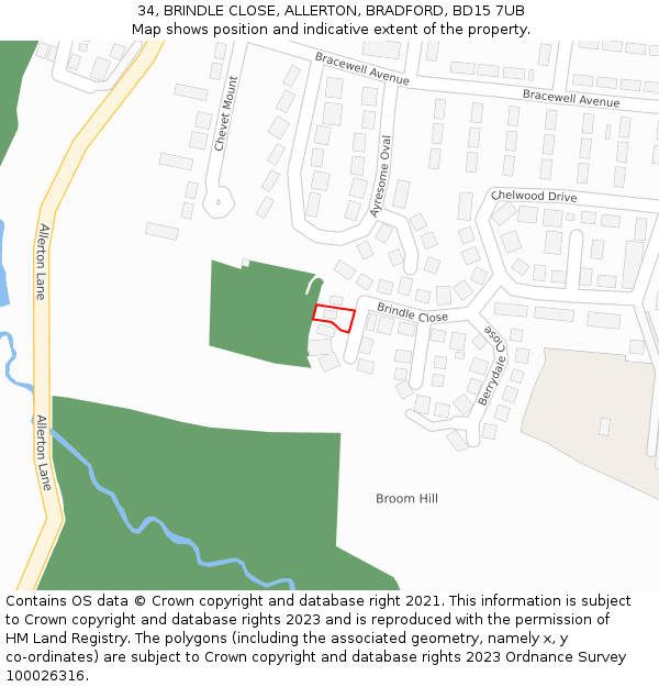 34, BRINDLE CLOSE, ALLERTON, BRADFORD, BD15 7UB: Location map and indicative extent of plot