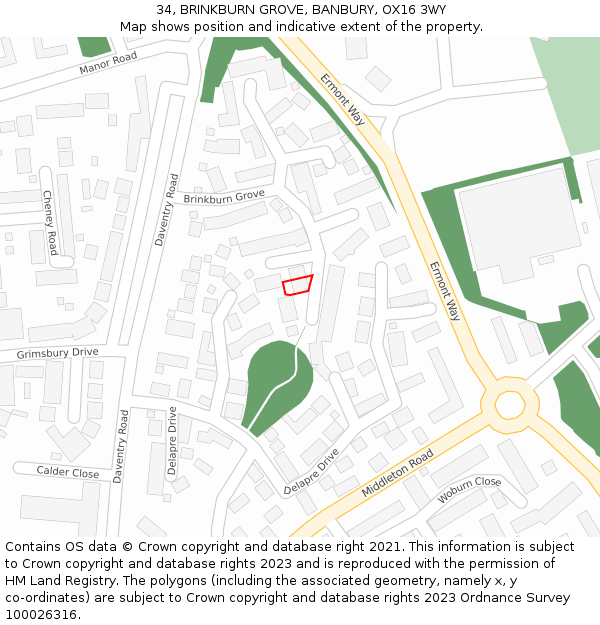 34, BRINKBURN GROVE, BANBURY, OX16 3WY: Location map and indicative extent of plot