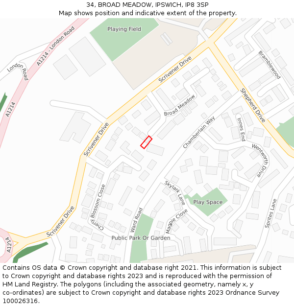 34, BROAD MEADOW, IPSWICH, IP8 3SP: Location map and indicative extent of plot