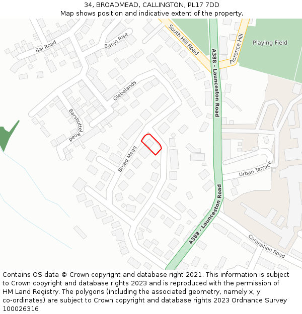 34, BROADMEAD, CALLINGTON, PL17 7DD: Location map and indicative extent of plot