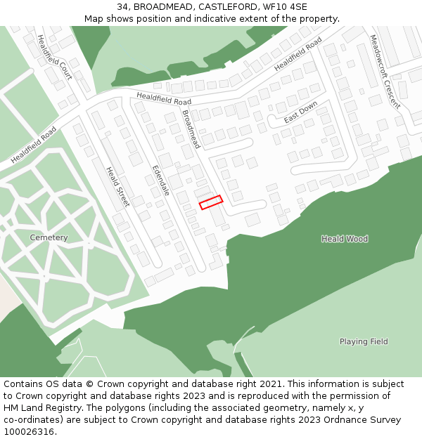 34, BROADMEAD, CASTLEFORD, WF10 4SE: Location map and indicative extent of plot