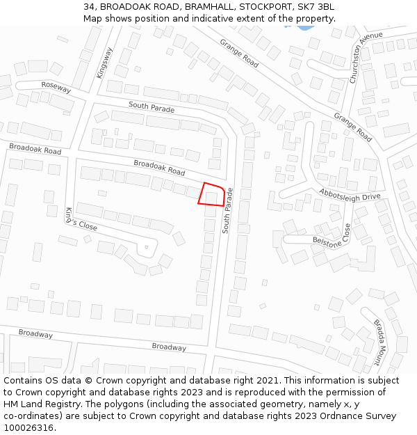 34, BROADOAK ROAD, BRAMHALL, STOCKPORT, SK7 3BL: Location map and indicative extent of plot