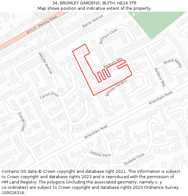 34, BROMLEY GARDENS, BLYTH, NE24 3TR: Location map and indicative extent of plot