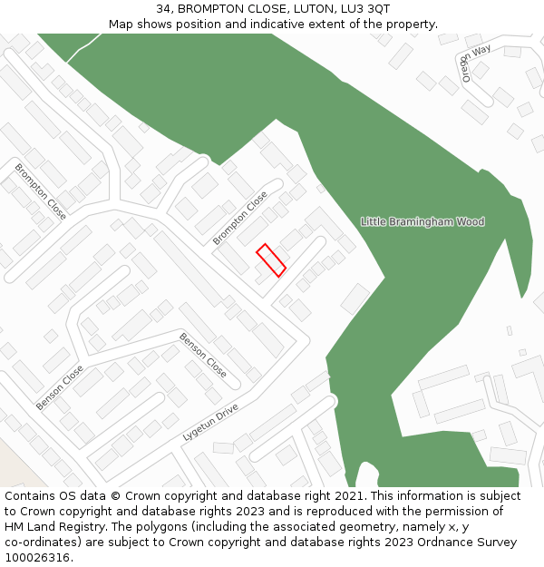 34, BROMPTON CLOSE, LUTON, LU3 3QT: Location map and indicative extent of plot