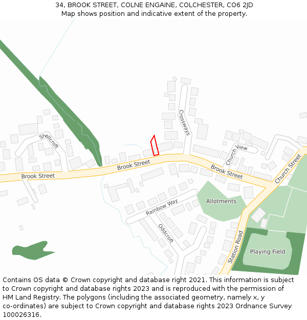 34, BROOK STREET, COLNE ENGAINE, COLCHESTER, CO6 2JD: Location map and indicative extent of plot