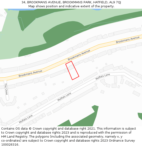 34, BROOKMANS AVENUE, BROOKMANS PARK, HATFIELD, AL9 7QJ: Location map and indicative extent of plot