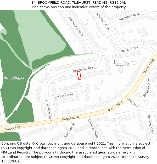34, BROOMFIELD ROAD, TILEHURST, READING, RG30 6AL: Location map and indicative extent of plot