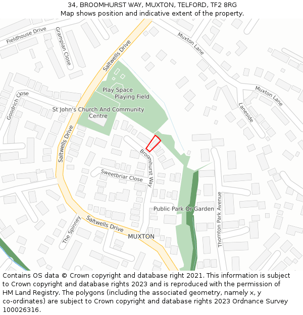 34, BROOMHURST WAY, MUXTON, TELFORD, TF2 8RG: Location map and indicative extent of plot