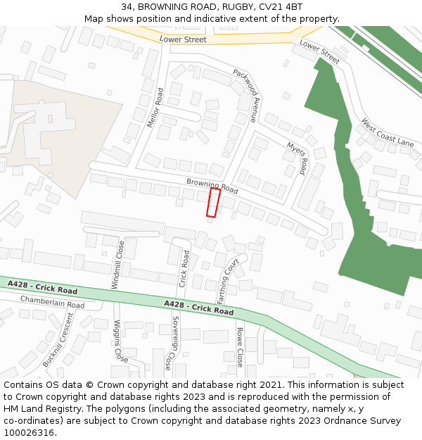 34, BROWNING ROAD, RUGBY, CV21 4BT: Location map and indicative extent of plot