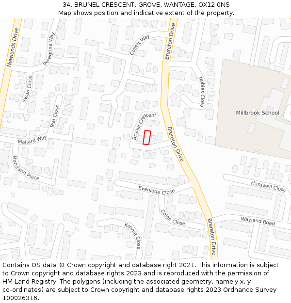 34, BRUNEL CRESCENT, GROVE, WANTAGE, OX12 0NS: Location map and indicative extent of plot