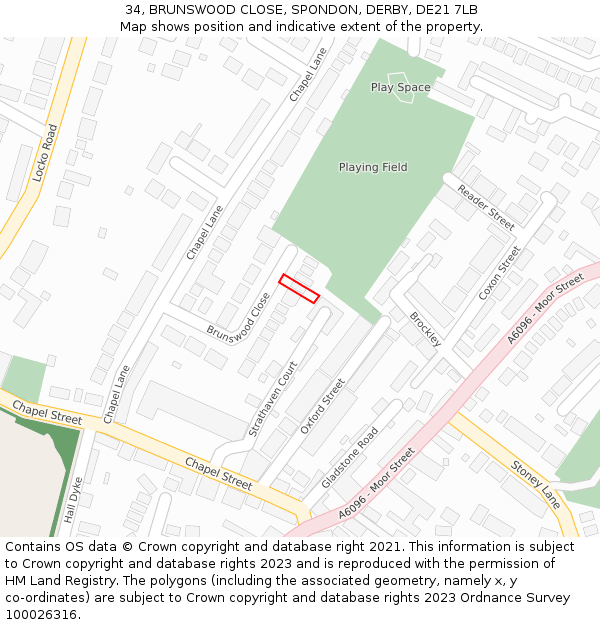 34, BRUNSWOOD CLOSE, SPONDON, DERBY, DE21 7LB: Location map and indicative extent of plot