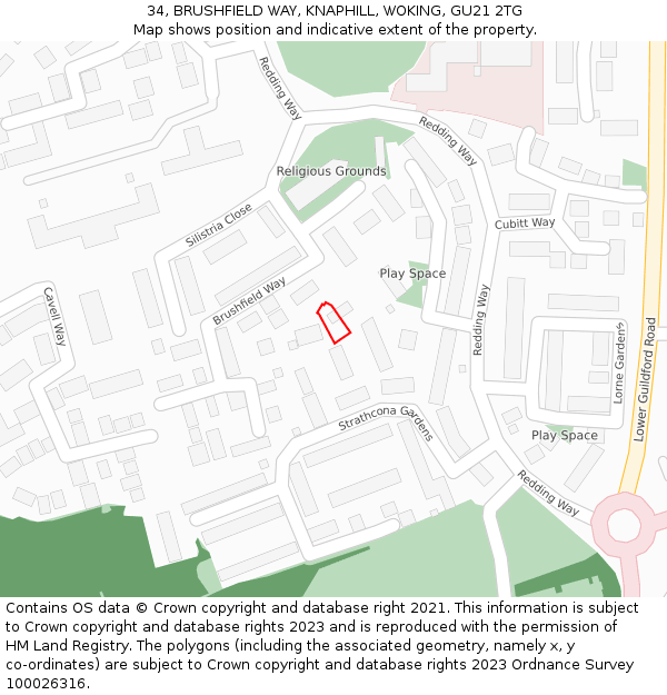 34, BRUSHFIELD WAY, KNAPHILL, WOKING, GU21 2TG: Location map and indicative extent of plot