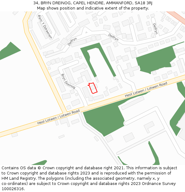 34, BRYN DREINOG, CAPEL HENDRE, AMMANFORD, SA18 3RJ: Location map and indicative extent of plot