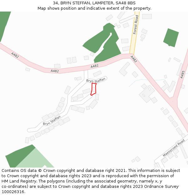 34, BRYN STEFFAN, LAMPETER, SA48 8BS: Location map and indicative extent of plot