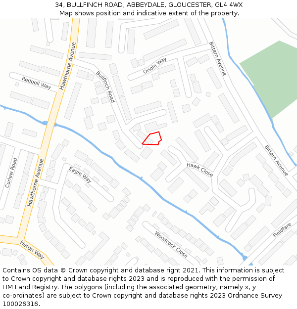 34, BULLFINCH ROAD, ABBEYDALE, GLOUCESTER, GL4 4WX: Location map and indicative extent of plot