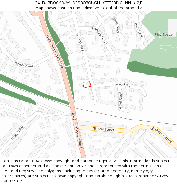 34, BURDOCK WAY, DESBOROUGH, KETTERING, NN14 2JE: Location map and indicative extent of plot