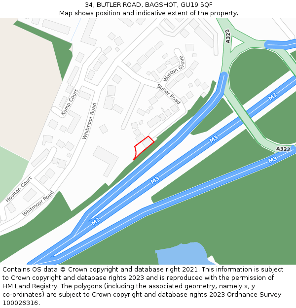 34, BUTLER ROAD, BAGSHOT, GU19 5QF: Location map and indicative extent of plot