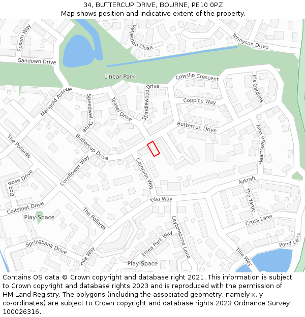 34, BUTTERCUP DRIVE, BOURNE, PE10 0PZ: Location map and indicative extent of plot