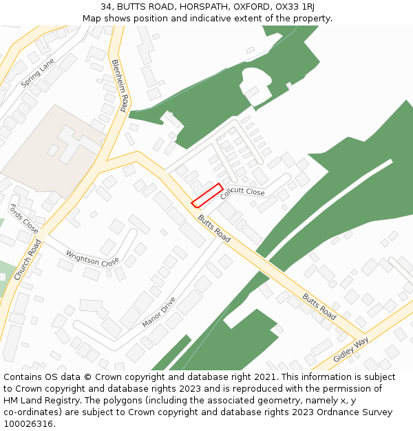 34, BUTTS ROAD, HORSPATH, OXFORD, OX33 1RJ: Location map and indicative extent of plot