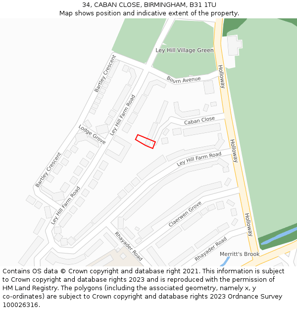 34, CABAN CLOSE, BIRMINGHAM, B31 1TU: Location map and indicative extent of plot