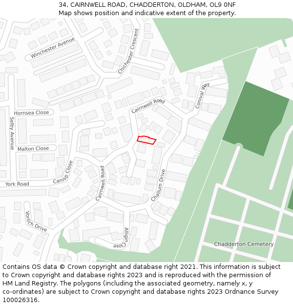 34, CAIRNWELL ROAD, CHADDERTON, OLDHAM, OL9 0NF: Location map and indicative extent of plot