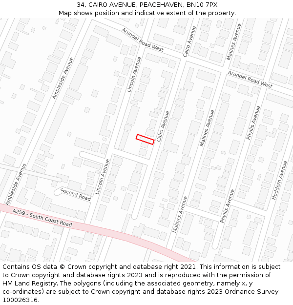 34, CAIRO AVENUE, PEACEHAVEN, BN10 7PX: Location map and indicative extent of plot