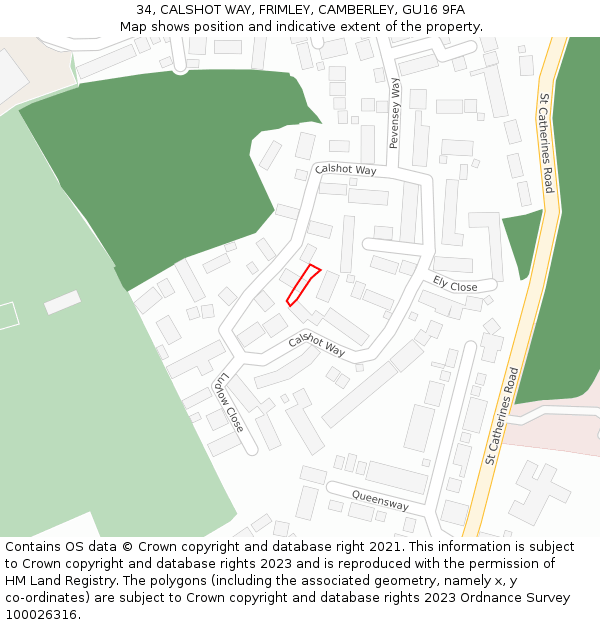 34, CALSHOT WAY, FRIMLEY, CAMBERLEY, GU16 9FA: Location map and indicative extent of plot